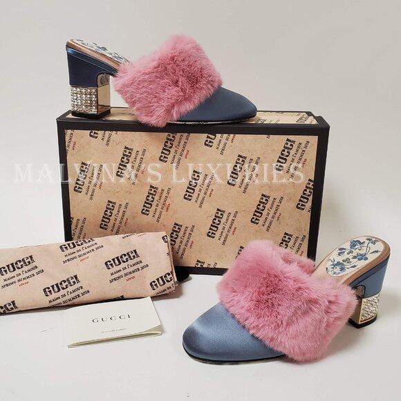 GUCCI SHOES CANDY SATIN AND FAUX FUR MULES CRYSTAL HEEL sz IT 35.5 US 5.5 - Picture 3 of 16